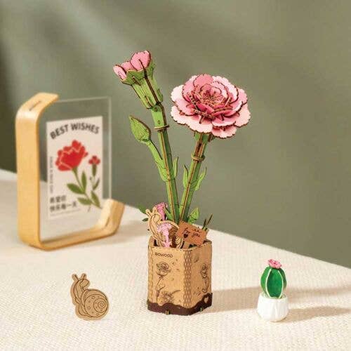 Robotime TW051 Pink Carnation, Laser-Cut Wood Kit, 3D Wooden Puzzle