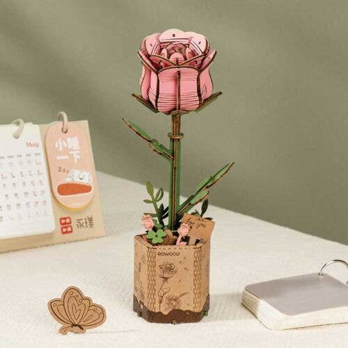 Robotime TW041 Pink Rose, Laser-Cut Wood Kit, 3D Wooden Puzzle