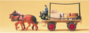 Preiser HO 30434 Horse Drawn Flatbed Wagon with Driver, 2 Horses and Cargo