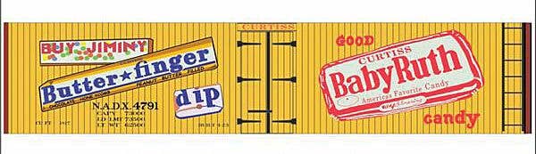 Tichy Train Group HO 10311 Railroad Decal Set, NADX Wood Reefer (Butterfinger and Baby Ruth Candy Billboard Logos)