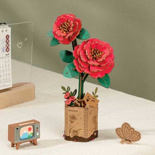 Robotime TW031 Red Camelia, Laser-Cut Wood Kit, 3D Wooden Puzzle