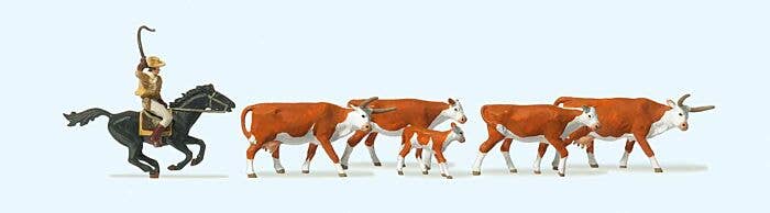 Preiser HO 10159 Riding Cowboy and 5 Longhorn Cattle