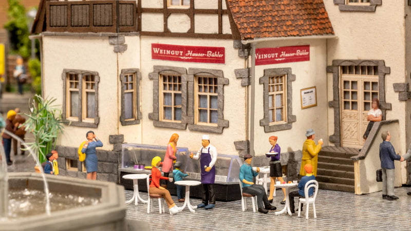 Noch Gmbh & Co 16245 Cafe Figure Set -- 6 Figures, Refrigerator Cases, 3 Tables, Chairs, HO