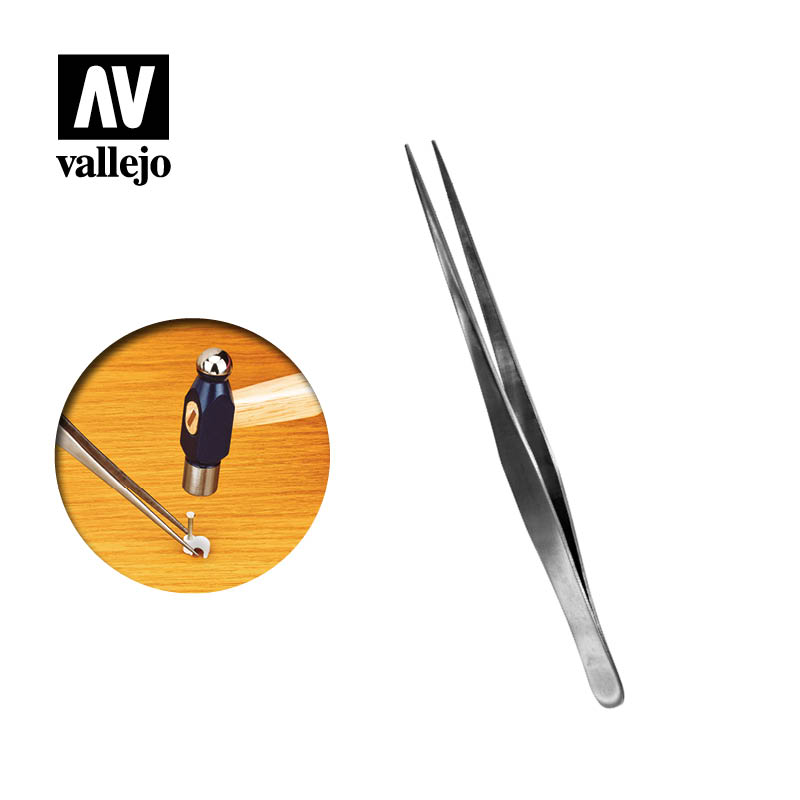 Vallejo Acrylic Paints T12008 Straight Tip Stainless Steel Tweezers, 175mm