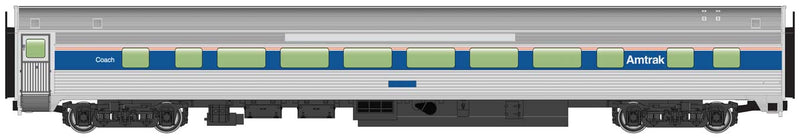 WalthersMainline 910-30013 85' Budd Large-Window Coach - Ready to Run -- Amtrak(R) (Phase IV; silver, Wide Blue, Thin Red & White Stripes), HO