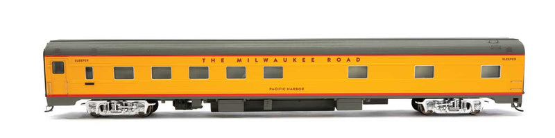 WalthersProto 920-18970 85' Budd Pacific Series 10-6 Sleeper -- Milwaukee Road Pacific Harbor (yellow, gray, red), HO