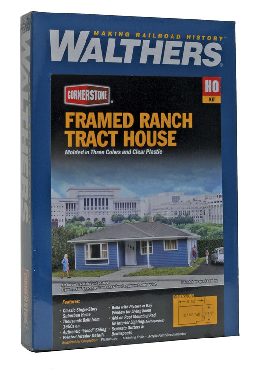 Walthers Cornerstone 933-3775 Framed Ranch Tract House -- Kit - 5-1/2 x 4-1/8 x 2-1/4" 13.9 x 10.4 x 5.7cm, HO Scale
