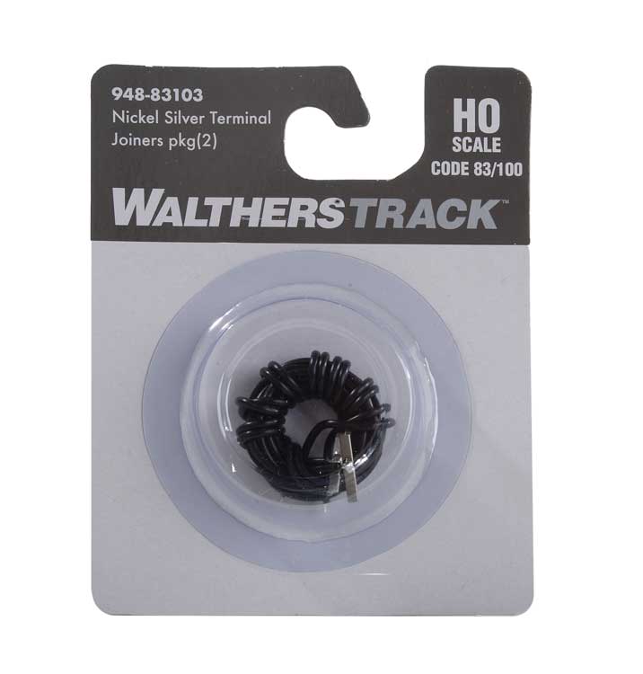 WalthersTrack 948-83103 Code 83 or 100 Nickel Silver Terminal Joiners pkg(2) -- Includes Black 22-Gauge Wire,  HO