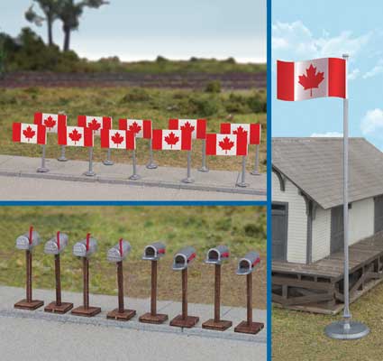 Walthers SceneMaster 949-4172 Flags (11) and Mailboxes (8) -- Canadian Flags, 1965-Present, HO Scale