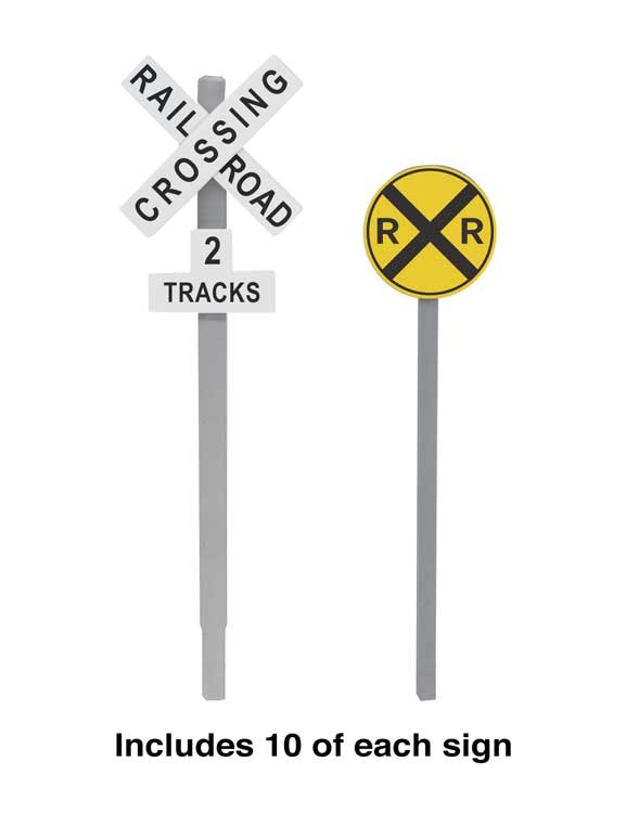 Walthers SceneMaster 949-4197 Railroad Crossing Signs -- 10 Each Modern Advance Warning & Crossbucks, HO