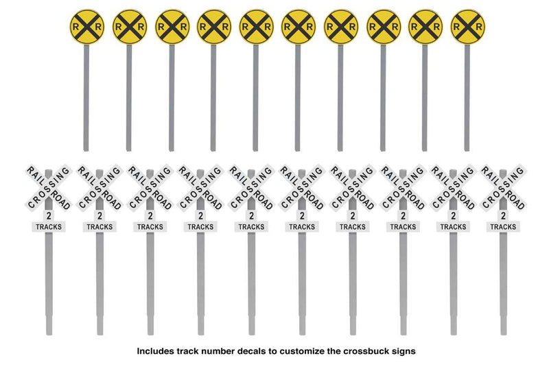 Walthers SceneMaster 949-4197 Railroad Crossing Signs -- 10 Each Modern Advance Warning & Crossbucks, HO