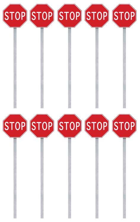 Walthers SceneMaster 949-4212 Stop Signs pkg(10) -- 1954-Present (red, white), HO