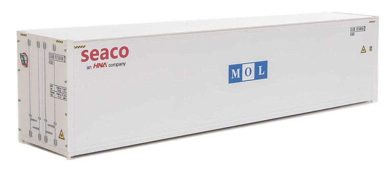 Walthers SceneMaster 949-8365 40' Hi-Cube Smooth-Side Reefer Container - Assembled -- Mitsui Overseas Lines - SEACO/MOL (white, blue, red), HO Scale