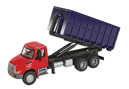 Walthers SceneMaster 949-11630 International(R) 4300 Dual-Axle Dumpster Carrier Truck - Assembled -- Red Cab, Blue Dumpster, HO Scale