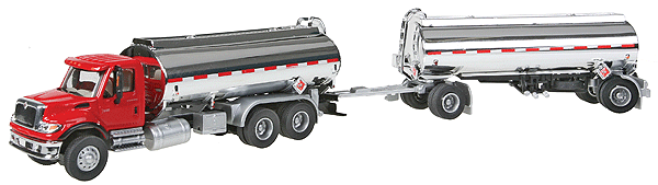 Walthers SceneMaster 949-11670 International(R) 7600 Tank Truck w/Trailer - Assembled -- Red Cab, Chrome Tanks, HO Scale