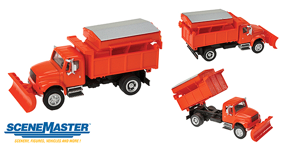 Walthers SceneMaster 949-11793 International(R) 4900 Dump Truck w/Snowplow & Salt Spreader - Assembled -- Orange, HO Scale