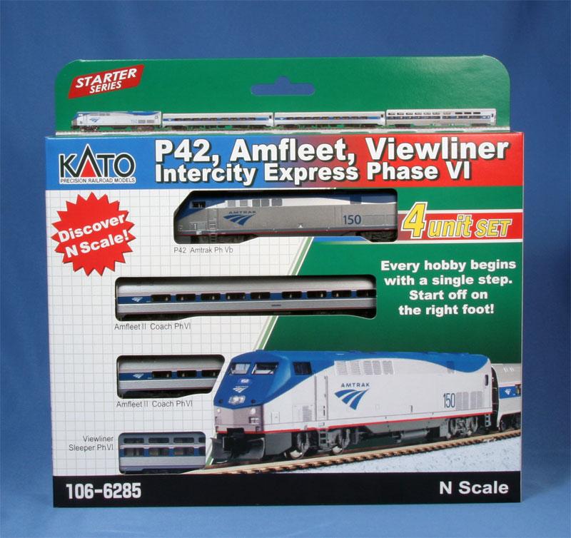 Kato 106-6285-DCC GE P42, Amfleet, Viewliner Intercity Express Phase VI 4-Car "Starter Series" Set with Digitrax DCC Installed, N Scale