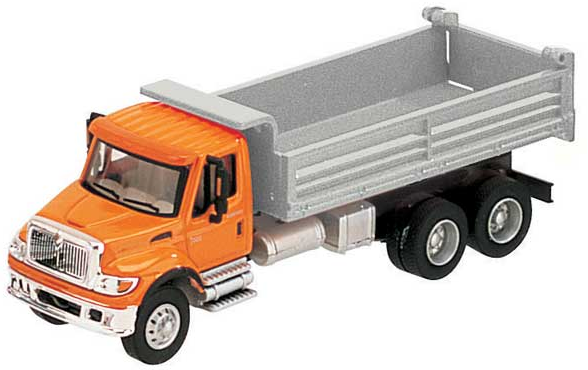 Walthers SceneMaster 949-11661 International(R) 7600 3-Axle Heavy-Duty Dump Truck - Assembled -- Orange Cab, Silver Dump Body, HO