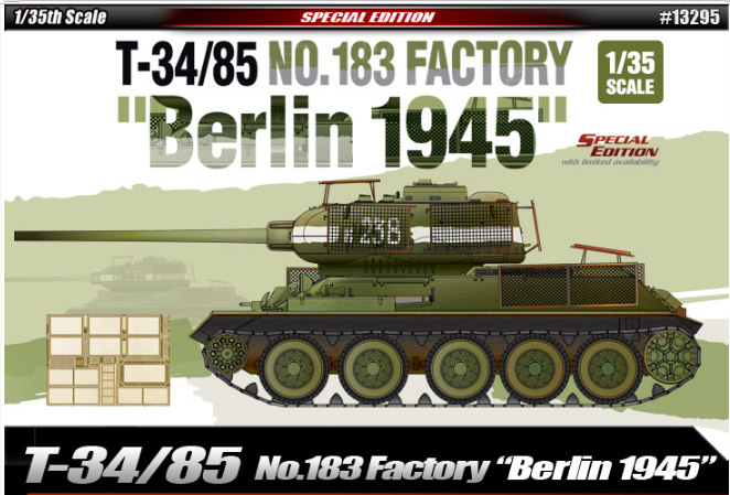 Academy Models 13295 T-34/85 No.183 Factory Berlin 1945 -- Plastic Model Military Vehicle Kit -- 1/35 Scale