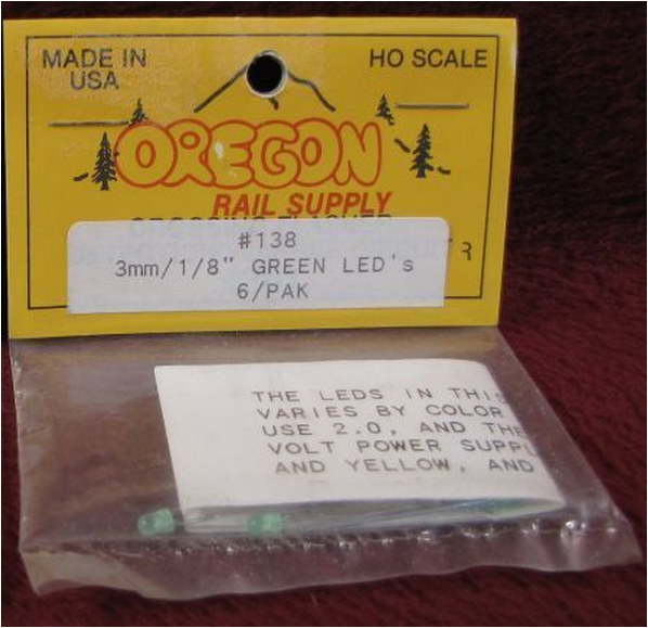 Oregon Rail Supply 138 3mm GREEN LED'S (6), HO