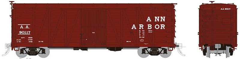 Rapido 142001 USRA Single-Sheathed Boxcar: Ann Arbor - Equipped with AB brakes (KC brakes in the box) Equipped with wood doors 6-pack includes the following numbers, all individually packaged: #346554 #346562 #346598 #346623 #346661 #346690, HO