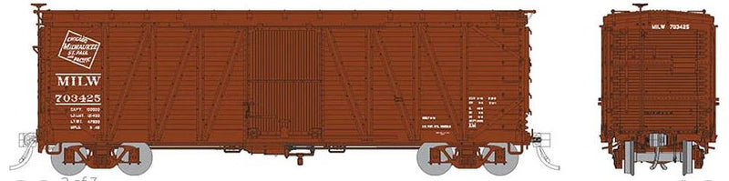 Rapido 142006A USRA Single-Sheathed Boxcar: MILW (CMStP&P)- Equipped with KC brakes (AB brakes in the box) Equipped with wood doors Single Car - random car