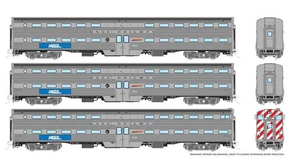 PREORDER Rapido 145008 HO Budd Gallery Bi-Level Commuter Cab Coach & 2 Coach Set - Ready to Run -- Metra - BNSF Set #2 (Cab #808 Coaches #750, 777, BNSF Railway Lettering)