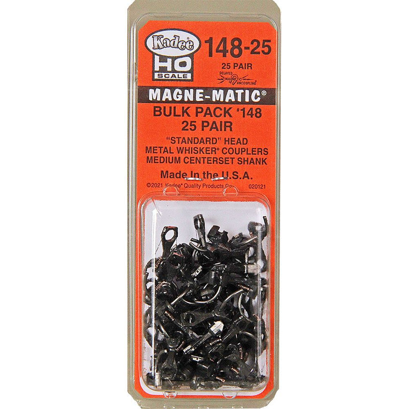 Kadee #148-25 HO Scale Bulk Pack - 25 pair #148 Whisker Metal Couplers - Medium (9/32") Centerset Shank