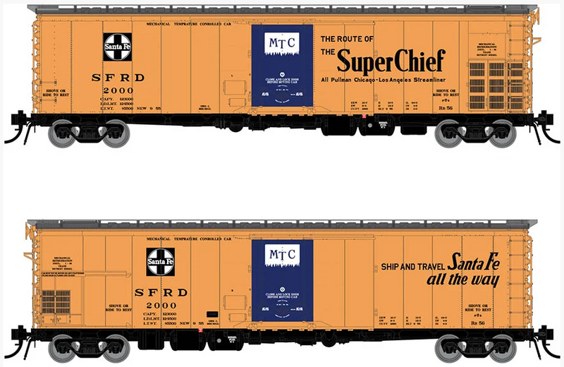 Rapido 156001 Santa Fe RR-56 Mechanical Reefer: Super Chief Slogan - 4-Pack Car Numbers: