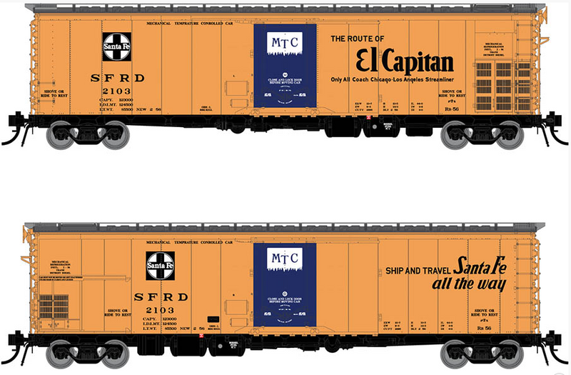 Rapido 156005 Santa Fe RR-56 Mechanical Reefer: El Capitan Slogan - 4-Pack Car Numbers: