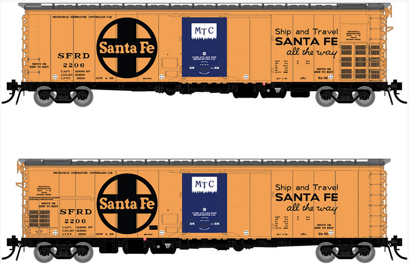 Rapido 156008 Santa Fe RR-60 Mechanical Reefer: Santa Fe All The Way Slogan - 4-Pack Car Numbers: