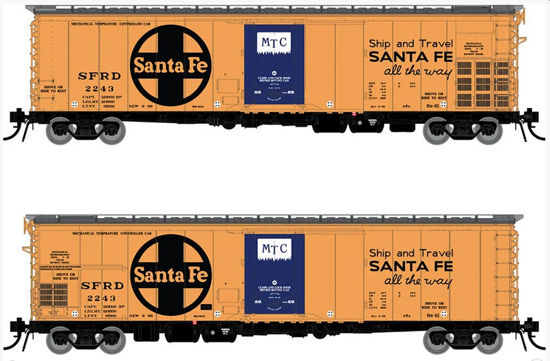 Rapido 156010 Santa Fe RR-61 Mechanical Reefer: Santa Fe All The Way Slogan - 4-Pack Car Numbers: