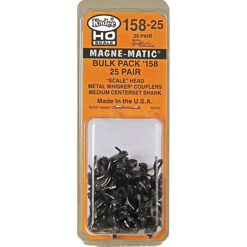 Kadee #158-25 HO Scale Bulk Pack - 25 pair #158 Scale Whisker Metal Couplers - Medium (9/32") Centerset Shank