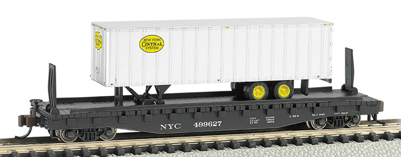Bachmann 16753 New York Central 52ft flat car w/ NYC 35ft Trailer, N Scale