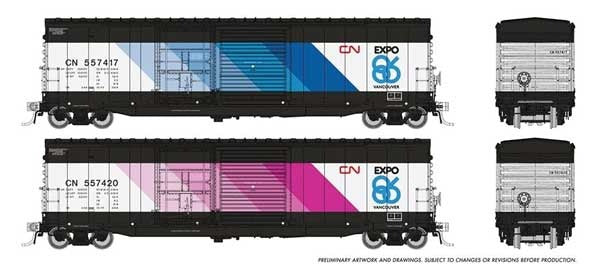PREORDER Rapido 173004 HO NSC 5304 Plug & Sliding Door Boxcar 2-Pack - Ready to Run -- Canadian National (Expo 86 Schemes, black, red,1 each: blue, purple)