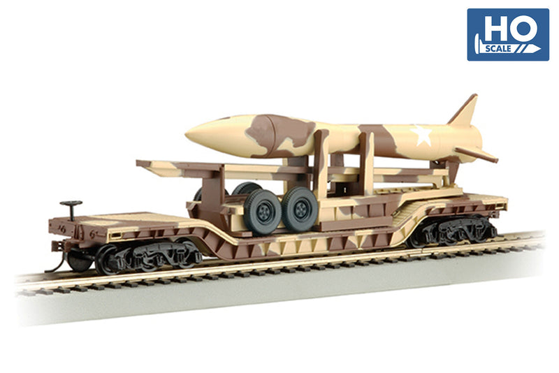 Bachmann 18340 52' CENTER-DEPRESSED FLAT CAR - DESERT CAMOUFLAGE WITH MISSILE, HO Scale