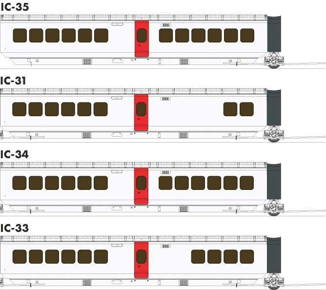 PREORDER Rapido 203105 HO UAC TurboTrain Add-On Coach (2022 Ver.) 4-Car Completion Set - Ready to Run -- Canadian National #203-226-251 & IC-34 #261 (white, red, black)