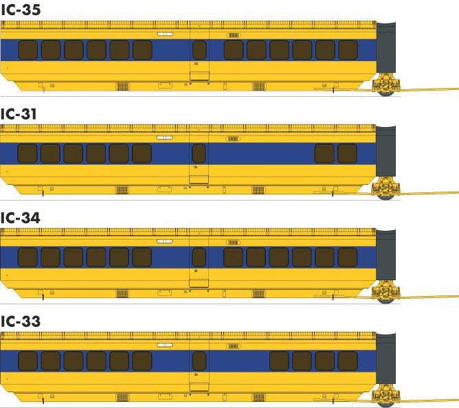 PREORDER Rapido 203107 HO UAC TurboTrain Add-On Coach (2022 Ver.) 4-Car Completion Set - Ready to Run -- VIA Rail Canada #263-257-254 & IC-34 #264 (yellow, blue)