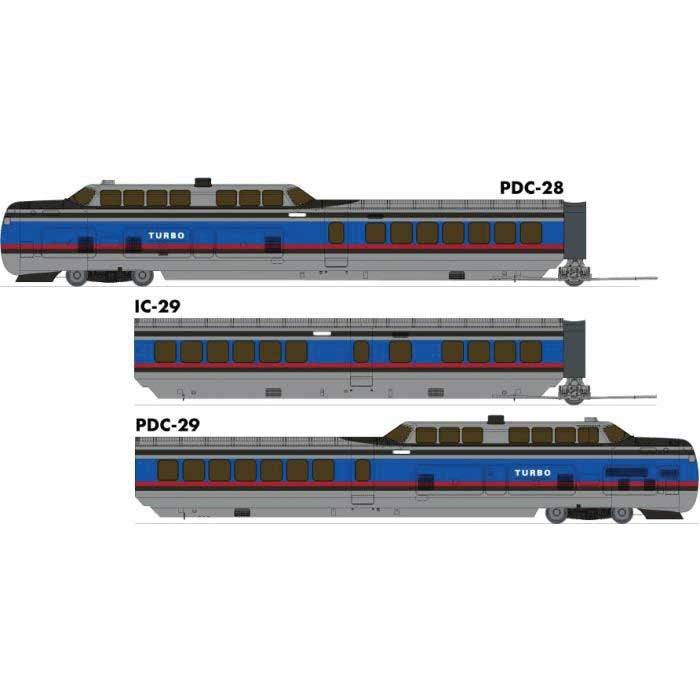 PREORDER Rapido 203502 HO UAC TurboTrain 3-Car Passenger Train-Only Set (2022 Ver.) - Sound & DCC Equipp -- Penn Central/US D.O.T (silver, blue, red)
