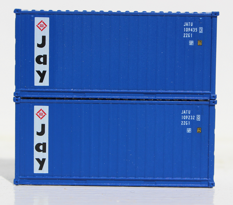 Jacksonville Terminal Company 205303 JAY Container Services - 20' Std. height containers with Magnetic system, Corrugated-side. JTC-205303, N Scale