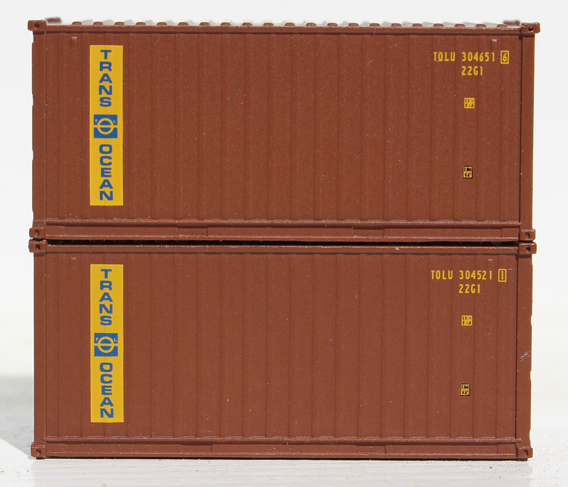 Jacksonville Terminal Company 205327 TRANS OCEAN - 20' Std. height containers with Magnetic system, Corrugated-side. JTC-205327, N Scale