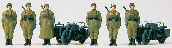 Preiser Kg 16571 Former German Army WWII Motorcycle Troops (Plastic Kit) -- 2 Zundapp S 750 Cycles w/Sidecars & 6 Figures Standing at Attention, HO Scale