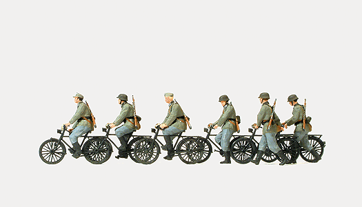 Preiser Kg 16596 Former German Army WWII - Unpainted Figures -- Bicycle Unit Cycling & Walking, 6 Figures & 6 Bicycles, HO Scale