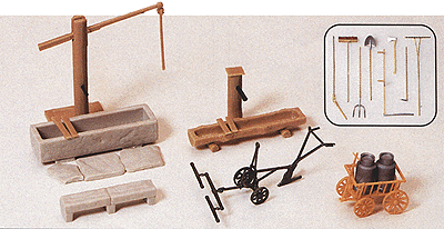 Preiser Kg 17600 Rural Detail Set -- Water Pump w/Trough, Horse-Drawn Plow, Cart & Tools, HO Scale