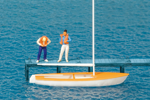 Preiser Kg 10678 Korsar Sailboat w/2 Sailors Putting On Life Jackets -- Sails Down (white, yellow), HO Scale