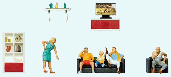Preiser Kg 10649 Family Watching Television -- 5 Figures & Living Room Furniture, HO Scale