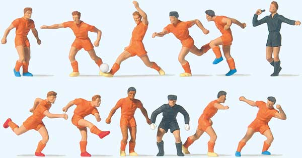 Preiser Kg 10761 Soccer Team with Referee -- Orange Shirts, Orange Shorts pkg(12), HO Scale