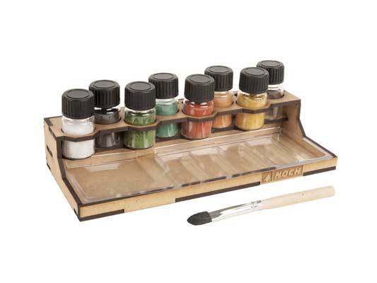 Noch Gmbh 61169 Weathering Powder Assortment with Rack, Mixing Palette, Spare Bottle -- 1 Each: Teal, Leaf Green, Terracotta, Russet, Sand, Ash, Soot, All Scales