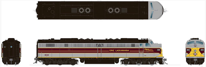 PREORDER Rapido 28521 HO EMD E8A (DC/DCC/Sound): Erie Lackawanna - Grey and Maroon: