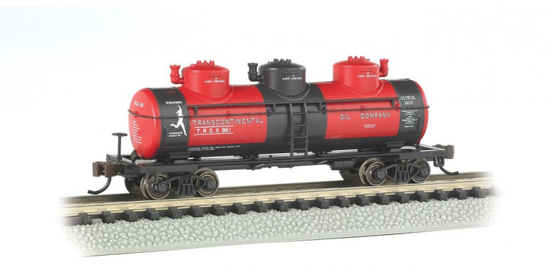 Bachmann 17154 3-Dome Tank Car - Ready to Run -- Transcontinental Oil Co. (black, red), N Scale